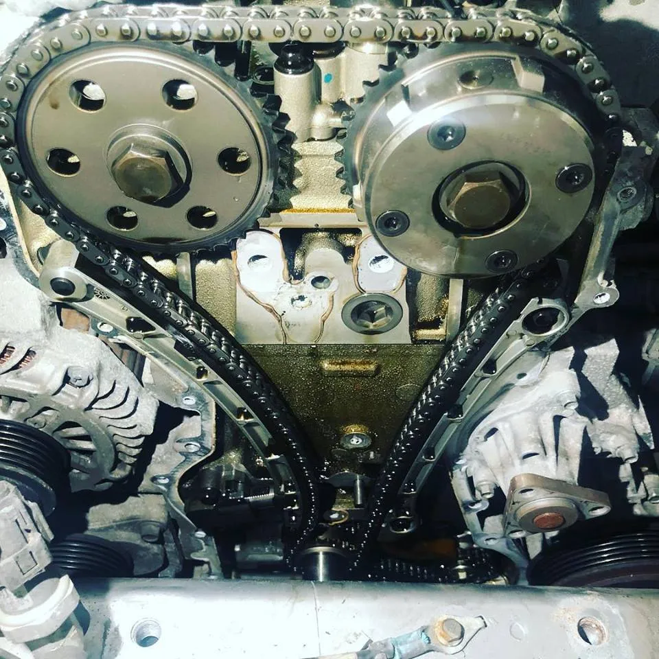 Timing chain and cam gears on an engine at CJ Performance Mansfield