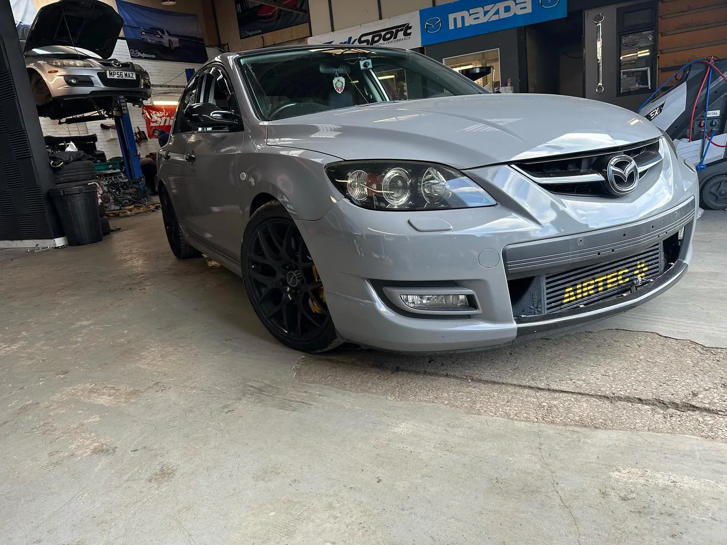 Grey Mazda 3 MPS in the CJ Performance workshop, Mansfield