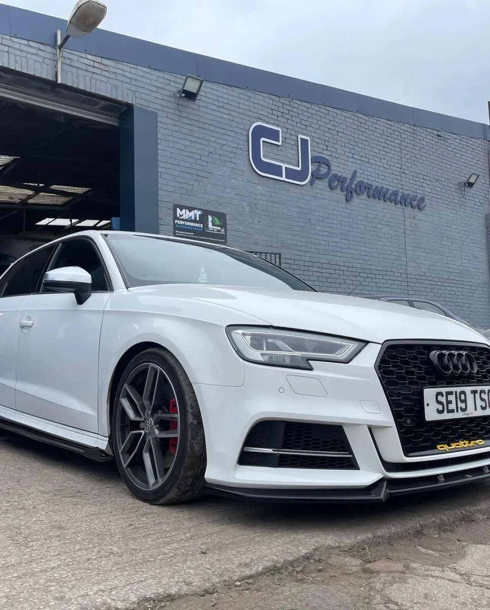White Audi S3 outside CJ Performance garage in Mansfield
