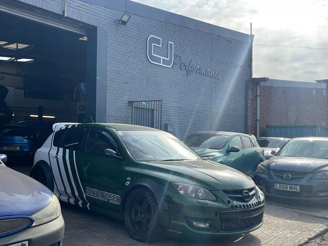 CJ Performance garage workshop on Brunt Street, Mansfield, with customer cars outside